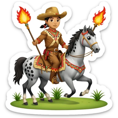 Chief Osceola wearing traditional Seminole garb, riding Appaloosa horse and planting a flaming spear into grass sticker