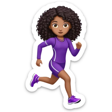 Uma boneca morena escura com olhos castanhos e cabelo cacheado longo até o peito, treinando correndo a roupa roxa com detalhes preto sticker