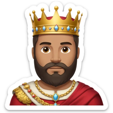 vull un perosnatge estil bimoji que sigui alt i fort amb una musculatura marcada i poderosa. Té una barba espessa i el cabell arriba fins a l'alçada del coll. Se'l representa amb la indumentària real i una corona al cap. sticker