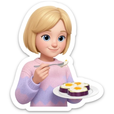 Make a girl eating a eggplant with white mayo sause on it and she’s has blonde hair sticker