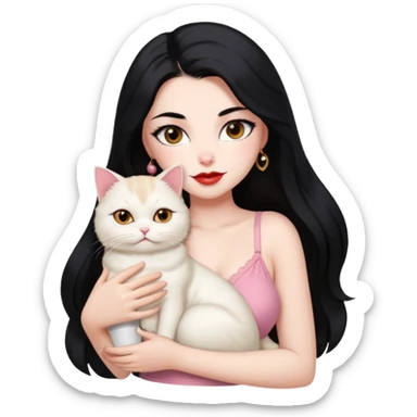 Beautiful Girl Long Hair black, Brows Big , Skin White, bra Pale Pink , Big Red Lips, EyesCoffe , Big hug Little baby Persa Cream Cat With Cute Eyes sticker