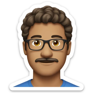 Eurasian man, 25 years old, brown hair, transparent glasses, moustache sticker