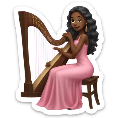 Pretty black women with long hair in a silk pink dress playing the harp sitting down sticker