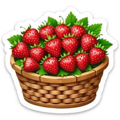 Cinematic ripe strawberrie, deep red, glossy with tiny seeds, green leaves still attached, gathered in a rustic basket, warm glowing background, fresh and sweet. sticker