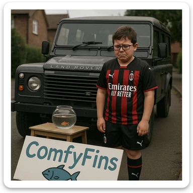A young boy with glasses and a round face, wearing an AC Milan football kit, standing in front of a Land Rover Defender, looking devastated as his business 'ComfyFins' crashes sticker