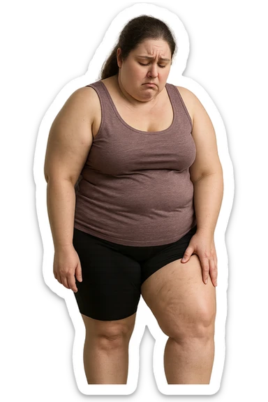 donna grassa che si tocca la coscia con espressione triste, IPERREALISTICA 4K sticker