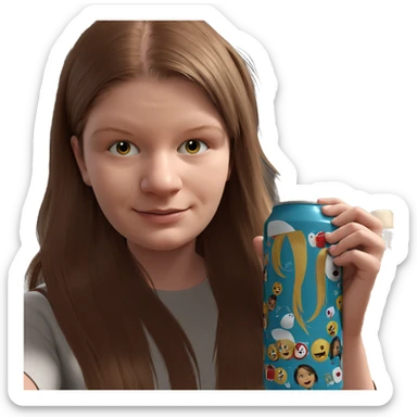 smiling girl holding a can sticker