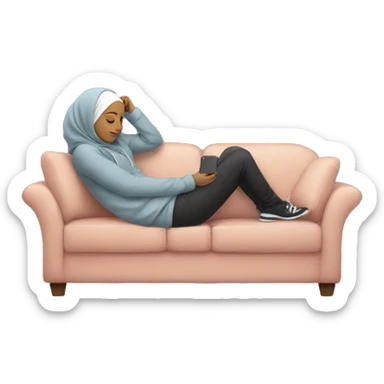 Hijabi-wearing-hoodie-sleeping-on-couch-with-phone sticker