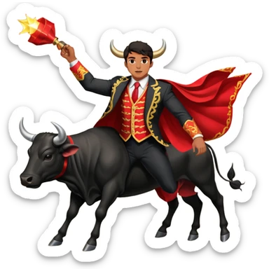 Create a realistic image of a traditional bullfighting scene in a Spanish arena.
Show a bullfighter (matador) HOLDING a red cape (muleta) not wearing one. as a powerful black bull charges toward it. sticker