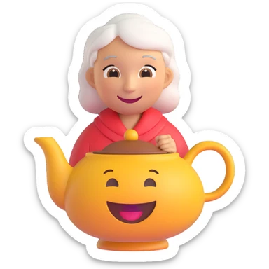 3D smiley emoji, round shape, grandmother with a teapot, light blue color, smiling face sticker