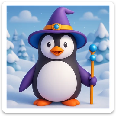 Make a snowy landscape background behind the penguin wizard, keep all original colours and lighting in 3d emoji style sticker