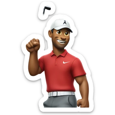 Tiger woods fist pumping while wearing red shirt holding putter in left hand sticker