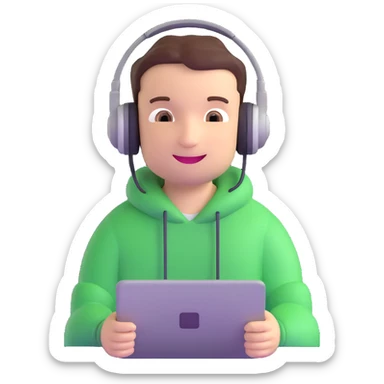 professional programmer, looking confident and happy, with headphones and a cheerful expression, 3D animation style sticker