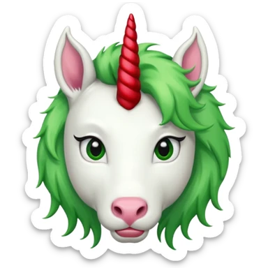 white furred unicorn with green hair and big red earrings looking into camera sticker