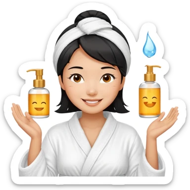 A black-haired East Asian woman smiling with a satisfied, relaxed expression. She is wearing a bathrobe, in the middle of her skincare routine, and her skin looks radiant. sticker