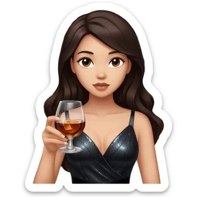 Beautiful woman in 1950’s woman fashion look, black shimmery dress, long dark brown hair, whisky with ice sticker