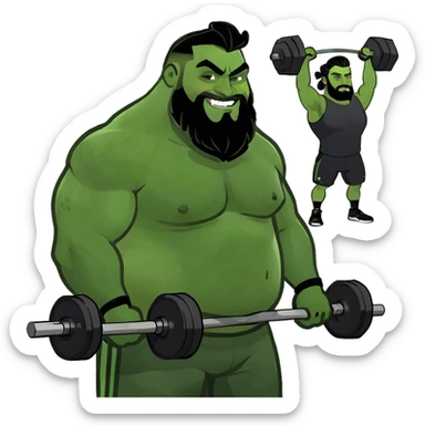 Fat tan guy with beard and man bun and white guy with long curly black hair lifting weights sticker