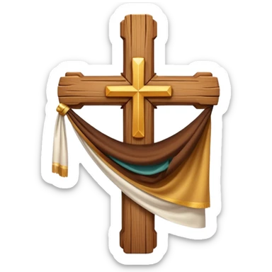Cross made of wood, the top of the tip of the cross, a golden cross, and a white cloth hanging over the two arms of the cross sticker