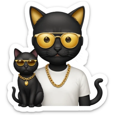 Freaky Larry is a cat with a gold chain and sunglasses standing behind a scared man with no facial hair. Make sure the cat is black sticker