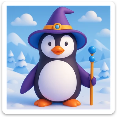 Make a snowy landscape background behind the penguin wizard, keep all original colours and lighting in 3d emoji style sticker