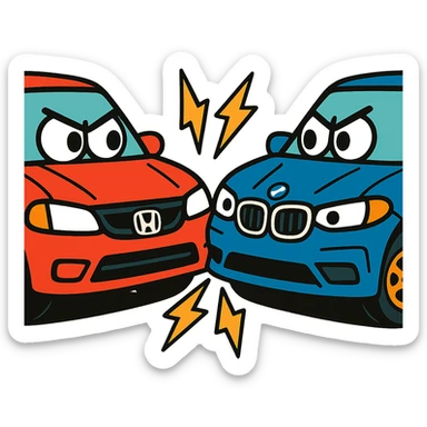 Honda and BMW cars in a fun face-off, vibrant colors sticker