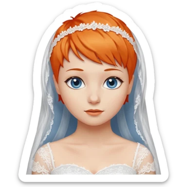 27 year old woman, orange hair, pixie cut, blue eyes, wedding dress sticker