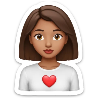 brown-skinned girl with slightly wavy hair, straight nose, heart-shaped lips, round eyes and face, soft eyebrows, long lashes, shown from the waist up sticker