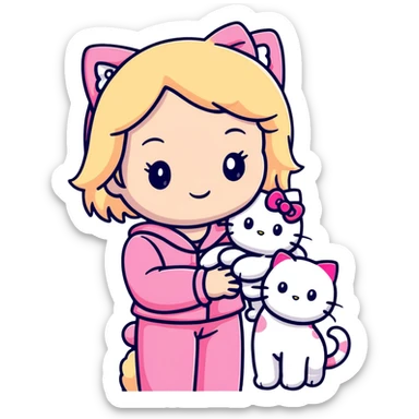 Blonde girl wearing pink Hello Kitty pajamas with two ragdoll cats sticker