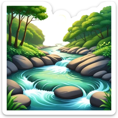Cinematic Realistic River Emoji, Serene and flowing, with sparkling water meandering through lush greenery, surrounded by trees and rocks. The sun dances across the rippling surface, creating glimmering reflections while birds fly overhead. Soft glowing outline, capturing the essence of peacefulness and tranquility in a meandering river. sticker