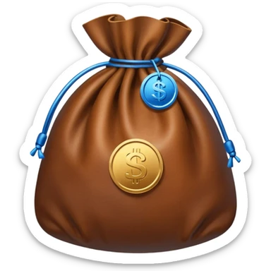 brown money bag with a blue coin  sticker