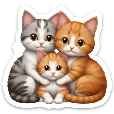3 very small kittens cuddling together all different colours, the first one is grey and white, the second is ginger and white and the third is brown tabby and white sticker