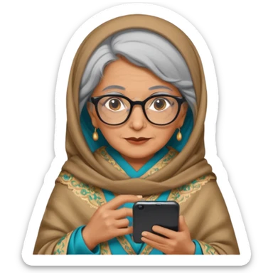 persian old woman Persian shawl with smartphone and glasses, half body sticker