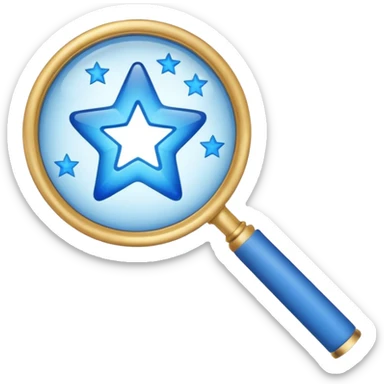 A blue left hand holding a magnifying glass which is showing blue stars sticker