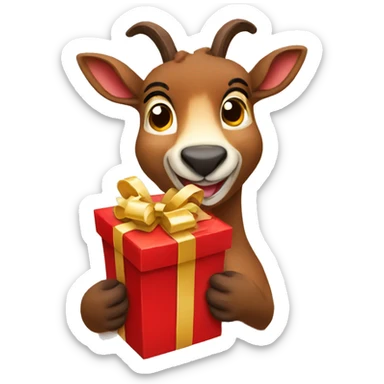 happy smiling brown chamois holding red gift sticker