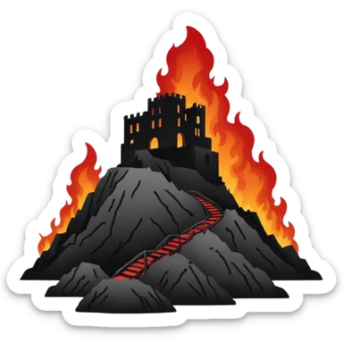Minimalist emoji-style sticker of a silhouette of the Hollywood hill with ruined “HELLWOOD” sign, smoke and flickering flames in desaturated red

 sticker