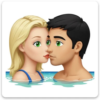 Blonde Woman, green eyes, naked breast, Kissing man with blue eyes, black Hair, whole body, Background sea  sticker