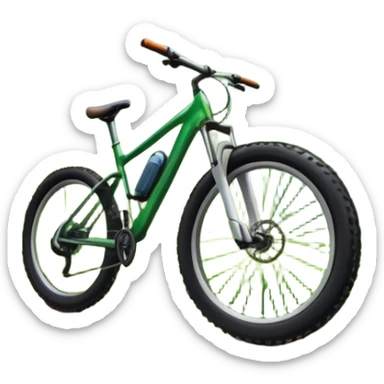 An icon showing a mountain bike with thick tires on a forest trail, surrounded by trees and natural terrain. The background features a lush green forest with sunlight filtering through the branches, and a winding path ahead. Transparent background highlights the  adventure of mountain biking. sticker
