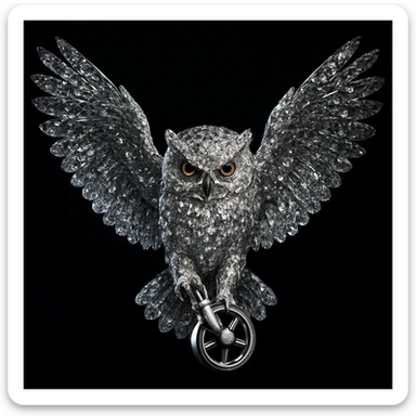 A majestic owl made of sparkling diamonds, crystalline texture, wings fully spread as if landing to catch prey, intense and serious facial expression, piercing beautiful eyes, holding a chair wheel in its claws, ultra detailed, hyper realistic, dramatic lighting, cinematic atmosphere, solid black background, void, nothingness, 8k, high contrast, sharp focus sticker