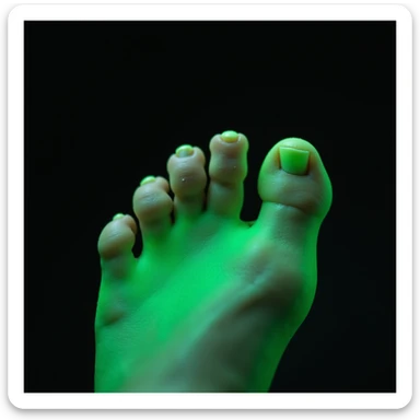 close-up of woman's foot with orthopedic insole, glowing green effect on foot indicating relief, realistic style, white background sticker