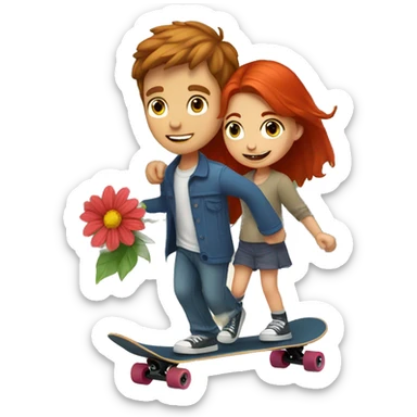 Brown haired boy with blue eyes riding a skateboard giving a red haired girl flowers  sticker