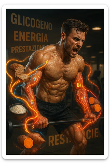 Uomo atletico di circa 30 anni durante un allenamento intenso in palestra, con muscoli ben definiti e sudati. Intorno a lui si visualizzano flussi energetici colorati che partono da fonti di carboidrati (pane integrale, riso, patate dolci) e si dirigono verso i suoi muscoli. I muscoli appaiono attivi, tesi e in pieno sforzo, con piccoli simboli di 'carburante' o energia che entrano nei tessuti. Espressione concentrata e potente. Sullo sfondo, parole come 'glicogeno', 'energia', 'prestazione'. Atmosfera dinamica, intensa e positiva. in italiano sticker