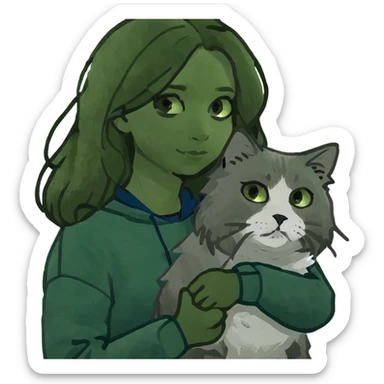 Brunette girl with dark blue sweatshirt holding a fluffy grey Siberian cat sticker