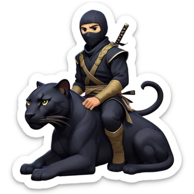 clash-of-clans-aesthetic_-cinematic-mysterious-male-ninja-portrait-emoji, rendered in a flat, vector-style with minimal shading and bold, simplified shapes, with a head slightly turned revealing intense, focused eyes, perched atop a sleek, agile panther with glossy fur moving silently through shadowed urban rooftops and moonlit alleyways. sticker