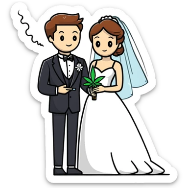 A bride in white wedding dress and groom in tuxedo, full body, smoking cannabis together, wedding couple sticker