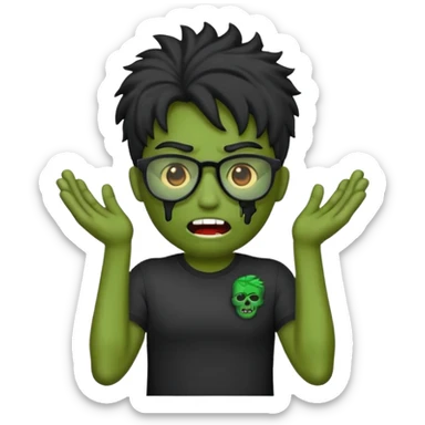Crie um zumbi estilo emoji do iPhone com cabelo ondulado grande preto com camiseta preta e óculos de grau preto sticker