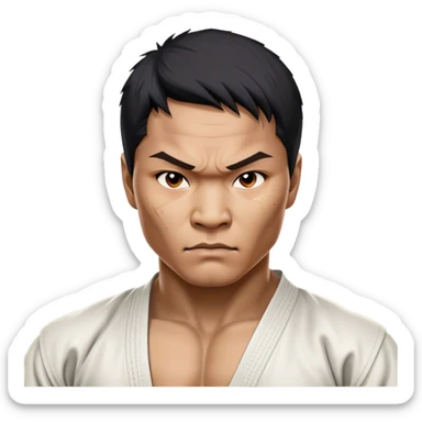 ​Cinematic Realistic Portrait of Tony Jaa, a close-up depiction capturing his intense, determined expression and finely detailed features, rendered with dramatic natural lighting that emphasizes his rugged athleticism and unmistakable martial arts presence, sticker