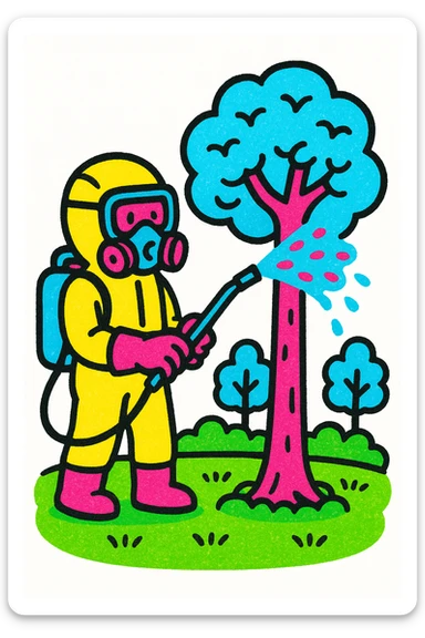 A gardener in protective suit and mask spraying a tree with a sprayer, performing chemical pest control. Bright green garden with trees, visible spray droplets, atmosphere of professional plant protection and garden care sticker