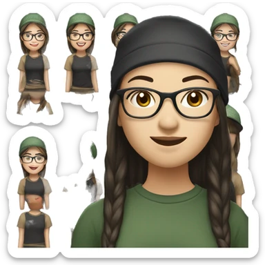 Hyper realistic, look from side, asian adult woman, light white skin, smiling with teeth, black eyes, spotted frame glasses, long light brown straight hair, black T-shirt, dark green cap. sticker