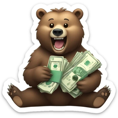 grizzly bear holding lots of money and looking happy sticker