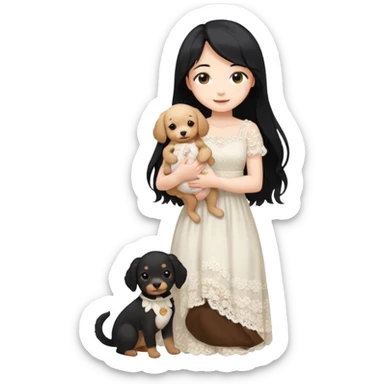 Pastel anime lady long hair with long lace dress full body holding puppy sticker